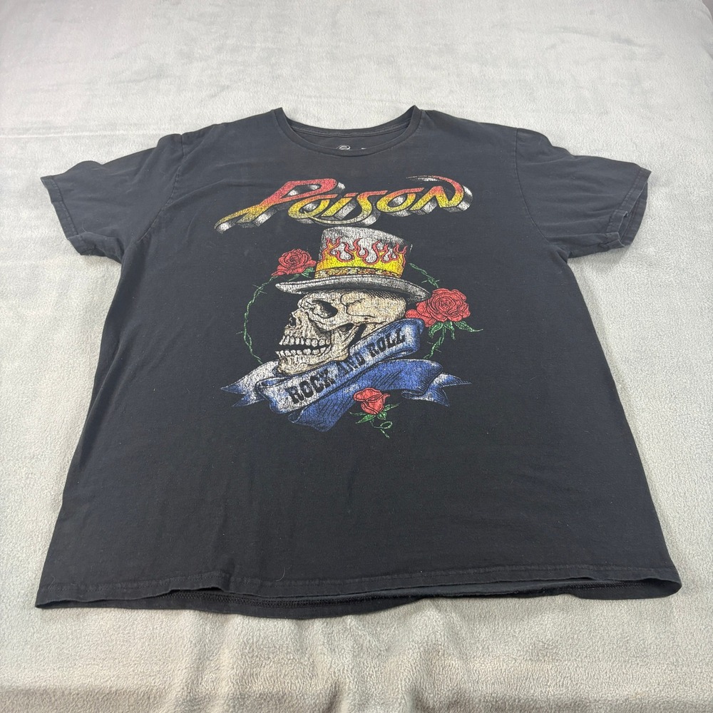 Poison Band Tee Mens XL Black Skull Top Hat Roses Rock and Roll Graphic T-Shirt